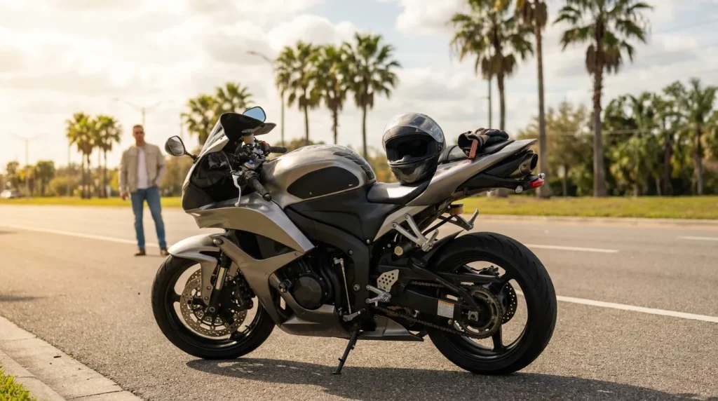 sport motorcycle parked on road with helmet resting on seat and man standing nearby