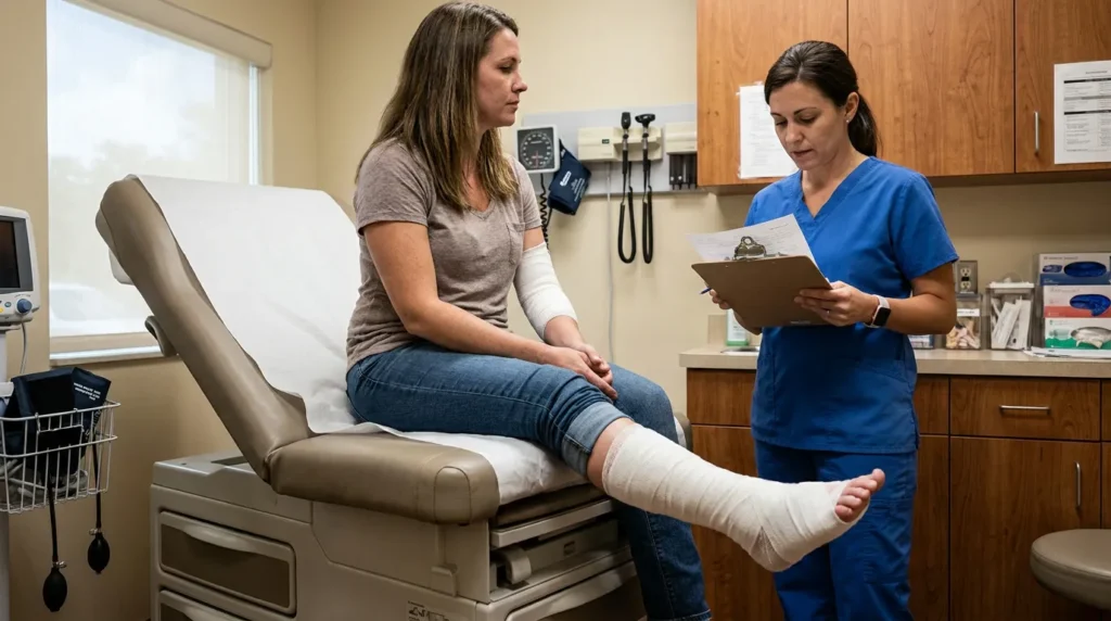 injured woman with bandaged leg and wrist on exam table with nurse holding clipboard