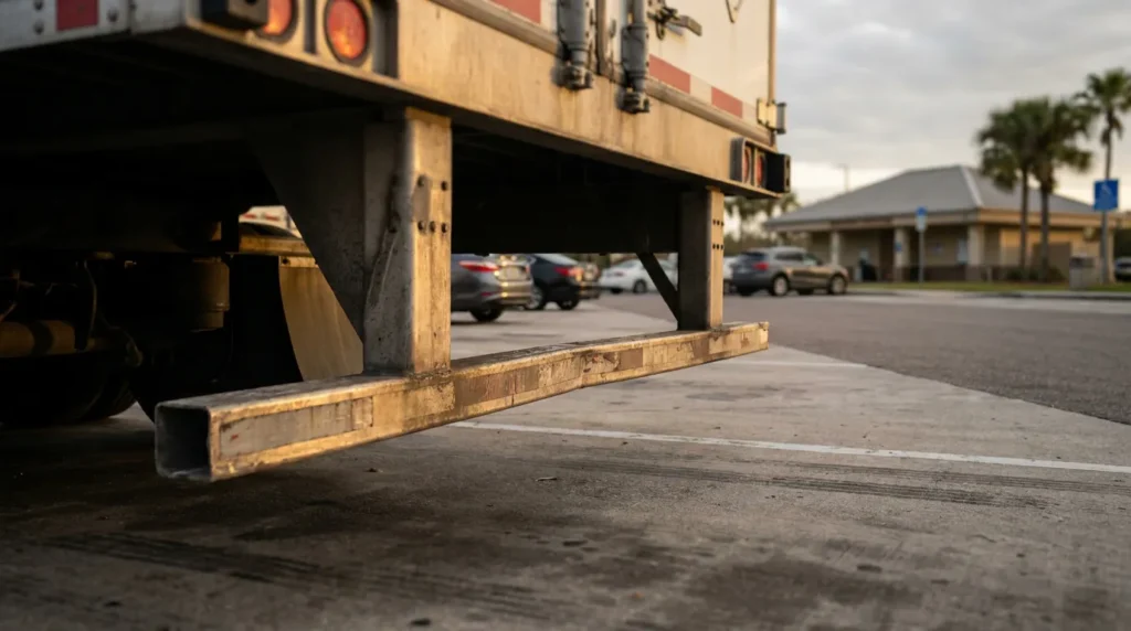close-up of commercial truck undercarriage and rear steel bumper guard in parking lot
