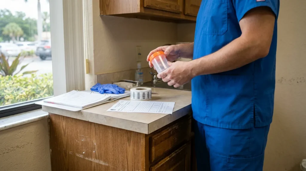 medical professional in scrubs holding specimen container beside paperwork and gloves