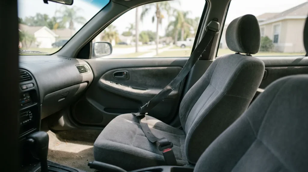 vehicle interior showing front passenger seat with unfastened seatbelt visible