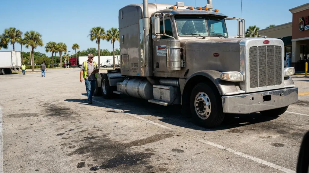 safety vest worker holding clipboard inspecting semi-truck in commercial parking lot