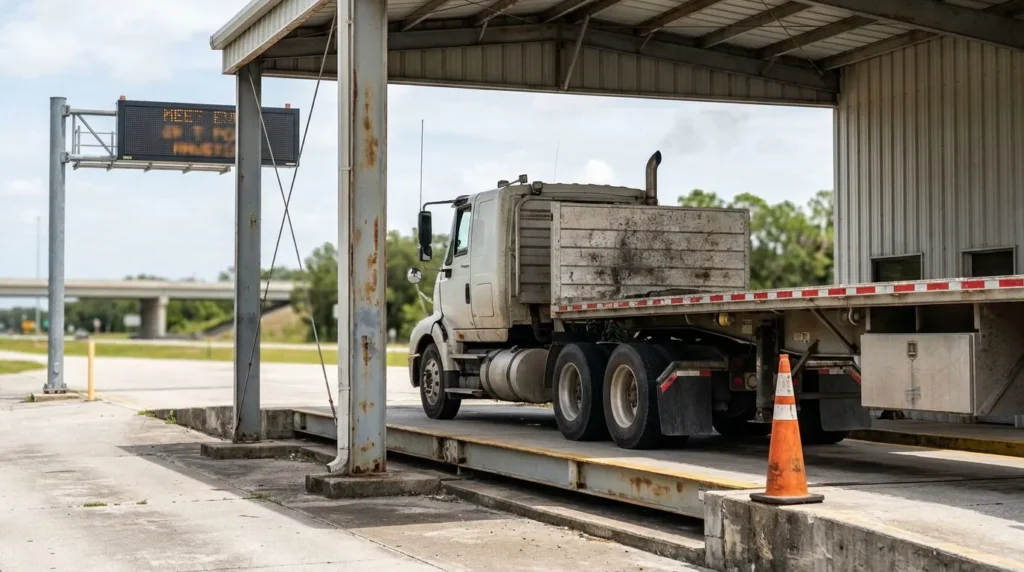 commercial truck stopped at weigh station scale with electronic message sign