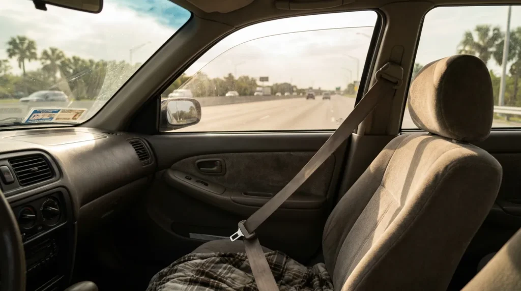 empty front passenger seat with unfastened seatbelt inside moving vehicle on highway