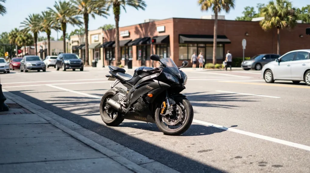 Yamaha sport motorcycle parked on urban street intersection near retail storefronts