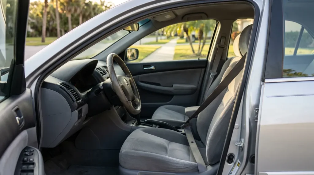 Open driver door showing worn steering wheel, cloth front seats and extended seatbelt inside parked sedan