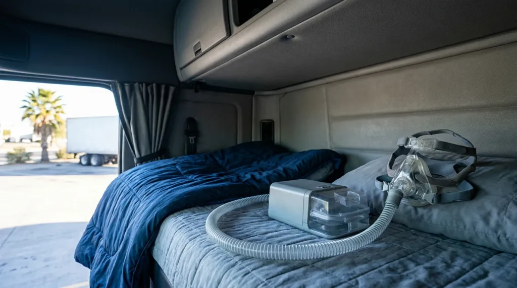 CPAP machine with hose and full face mask resting on truck sleeper cab bunk near open curtain