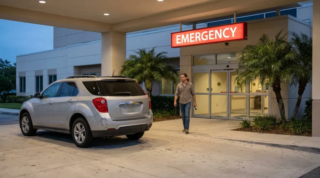 Man walking toward hospital emergency entrance beneath illuminated EMERGENCY sign, with SUV parked under covered driveway nearby