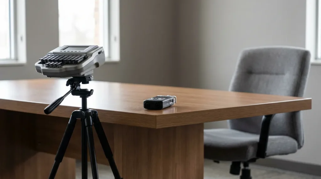 Stenography machine on tripod beside digital audio recorder on wooden conference table with empty office chair