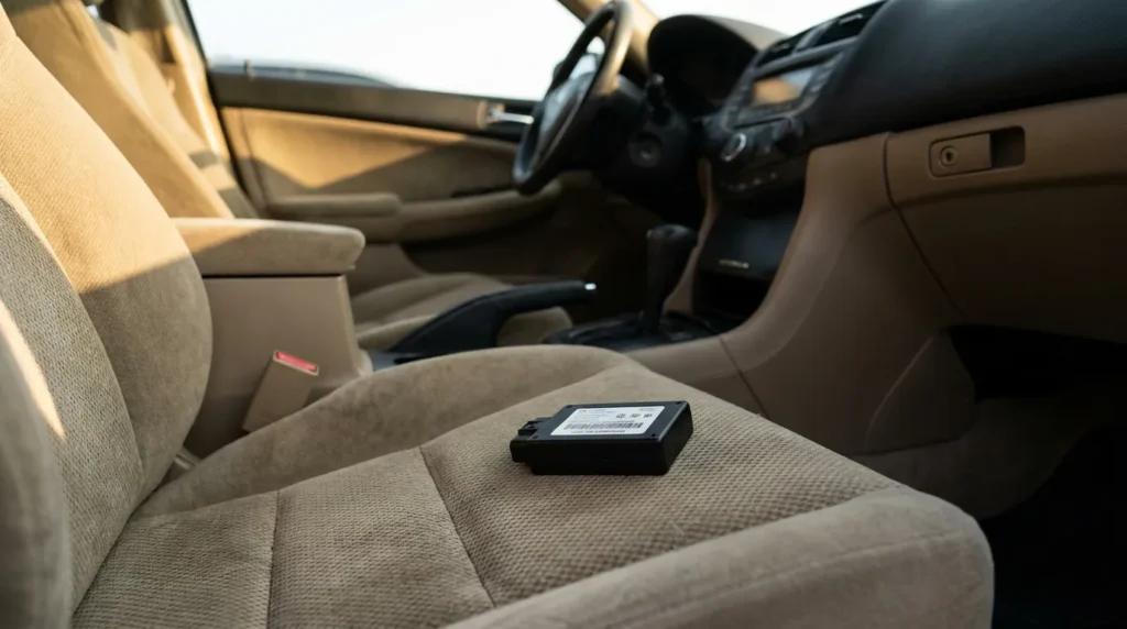 GPS tracking device with label resting on vehicle passenger seat interior