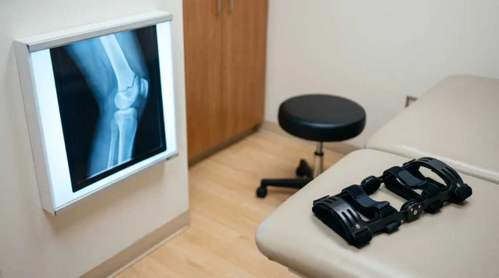Knee x-ray displayed on wall light box beside hinged knee brace resting on exam table
