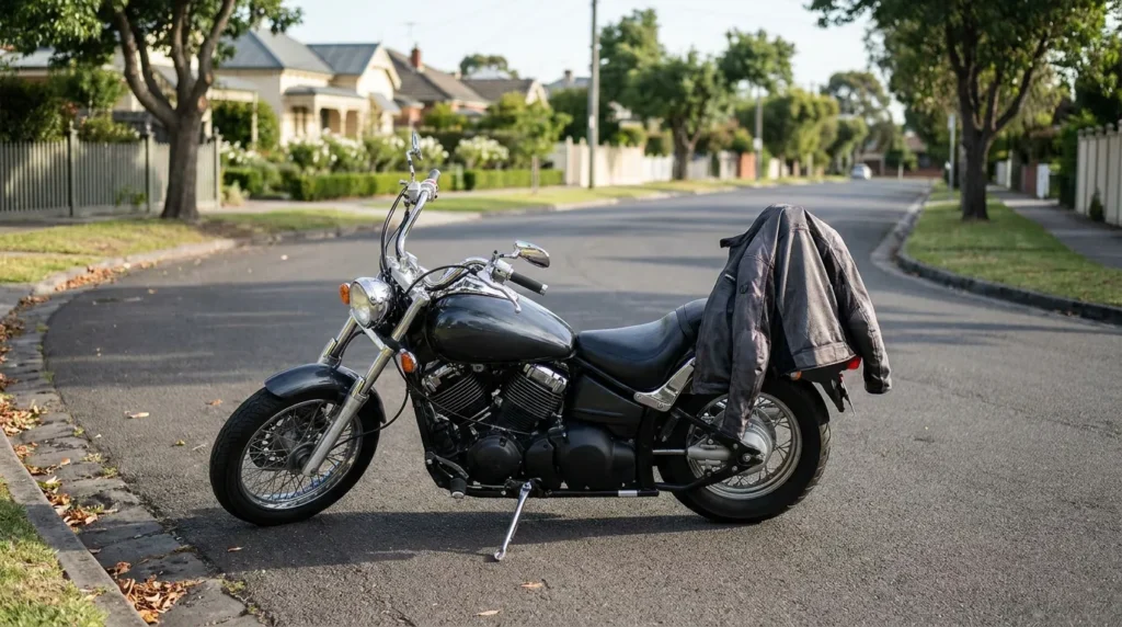 cruiser motorcycle parked on residential street with leather jacket draped over seat