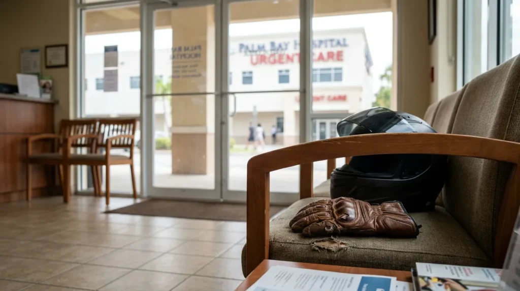 motorcycle helmet and gloves on waiting room chair at Palm Bay Hospital Urgent Care