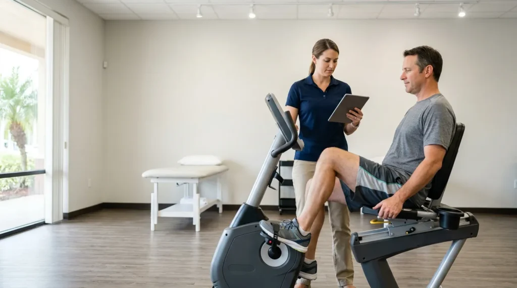 Man pedaling recumbent exercise bike while woman holding tablet observes in rehabilitation room with treatment table