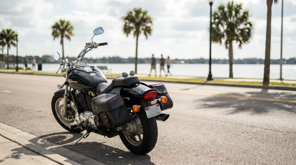 Parked cruiser motorcycle with saddlebags on lakeside street, palm trees and pedestrians walking along waterfront