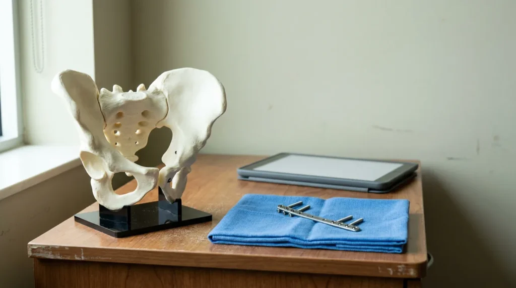Anatomical pelvis bone model on stand beside surgical metal plate with screws on folded cloth and tablet