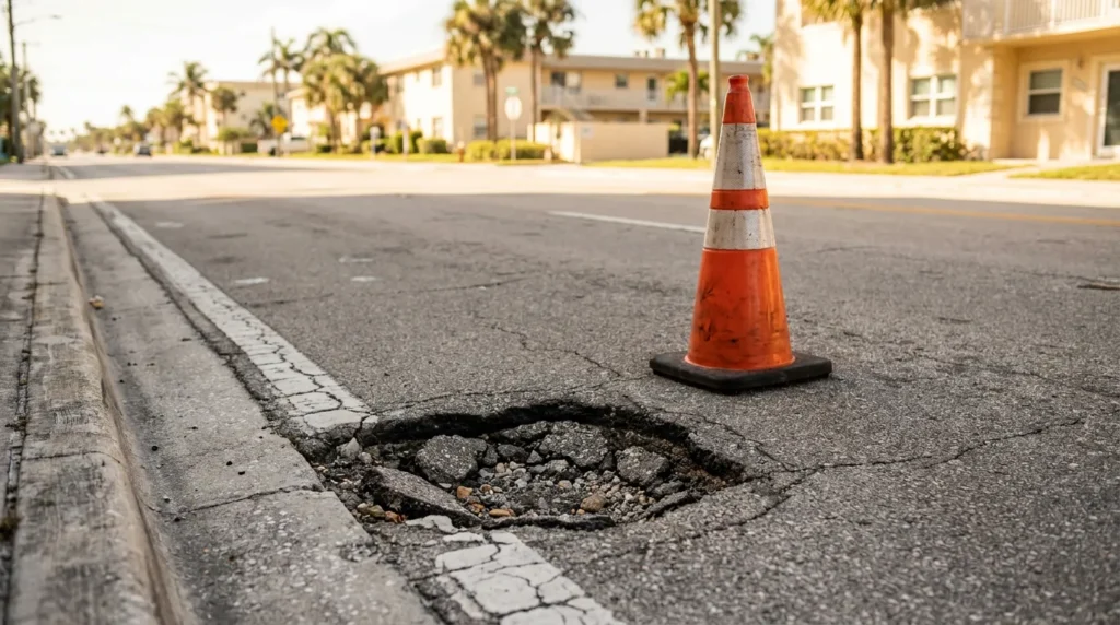 Traffic cone beside large pothole filled with loose gravel on cracked residential street lined with palm trees