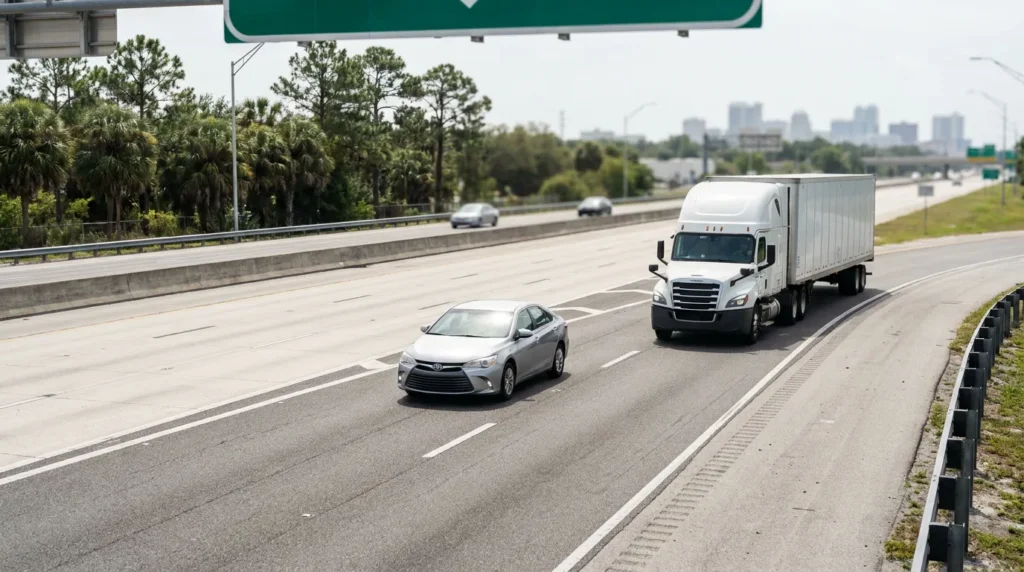 Sedan and semi-truck with trailer traveling on multi-lane highway beneath overhead sign, palm trees and city skyline behind
