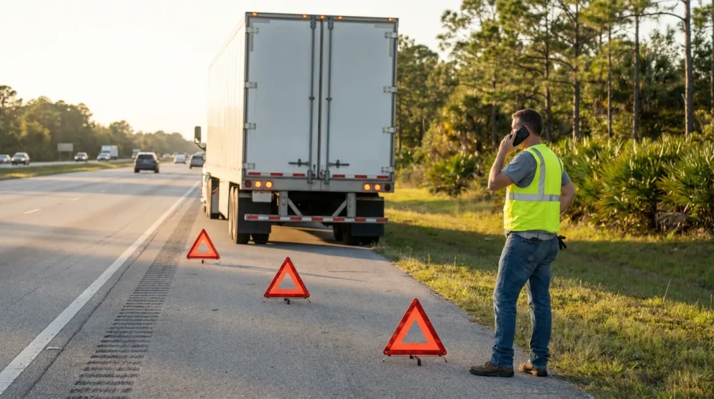 Man in safety vest talking on phone beside stopped semi-truck with three warning triangles on highway shoulder