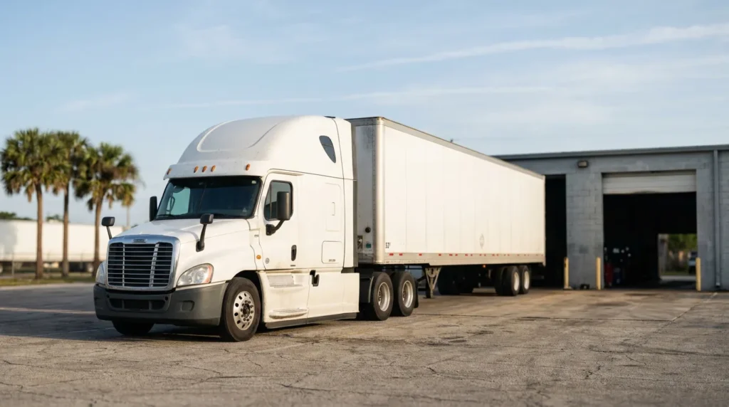 Semi truck with attached box trailer parked on cracked pavement beside concrete warehouse with open loading bay